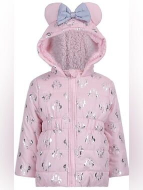 Minnie Mouse Print Disney Girl's Hooded Puffer Jacket with Ears and Bow 2T